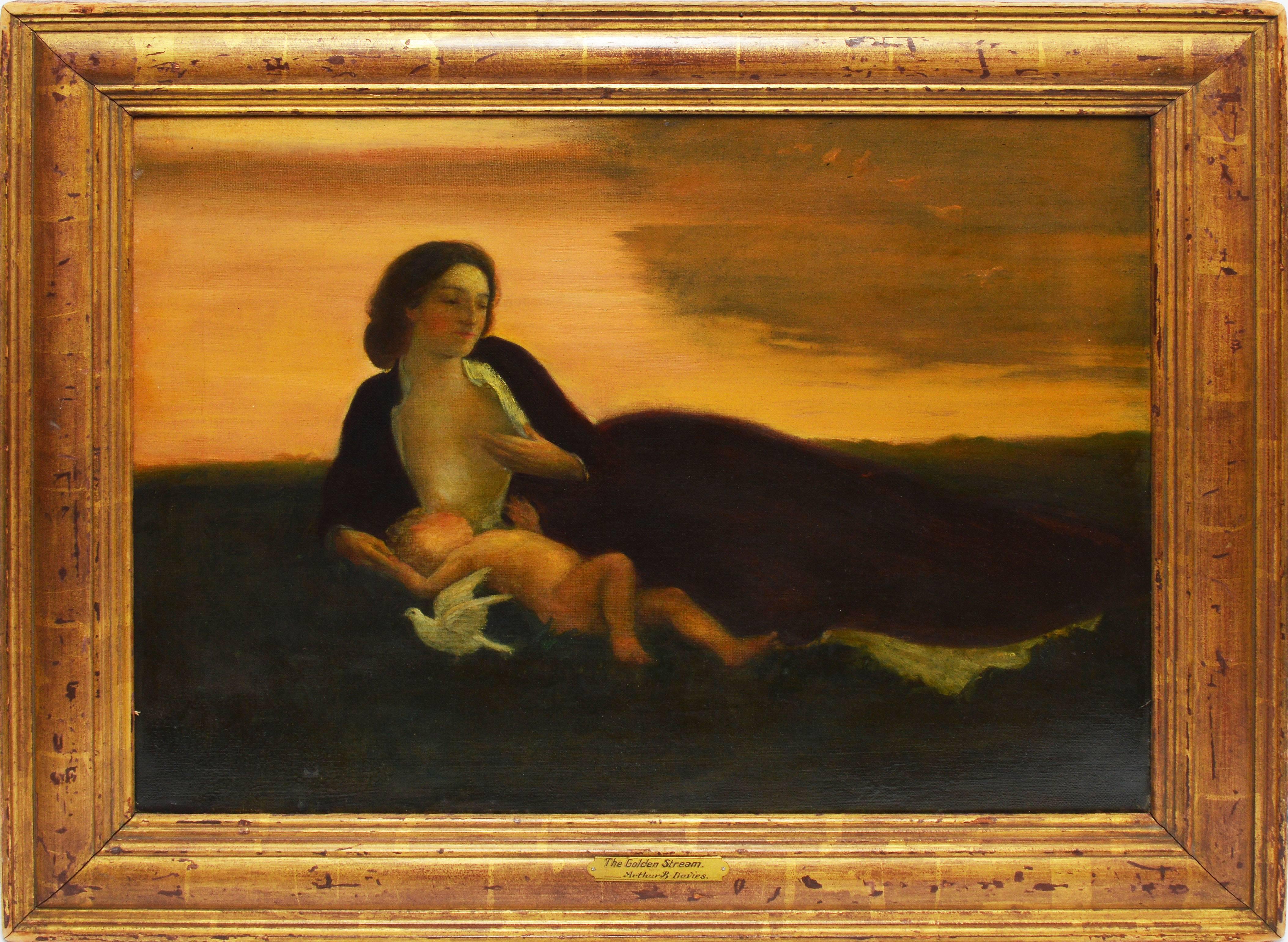 Modernist sunset landscape with a mother and child by Arthur Bowen Davies  (1862 - 1928).  Oil on canvas, circa 1900.  Unsigned.  Displayed in a giltwood frame.  Provenance from the 1913 Armory Show, James Michener Art Museum.  Image size, 22"L x
