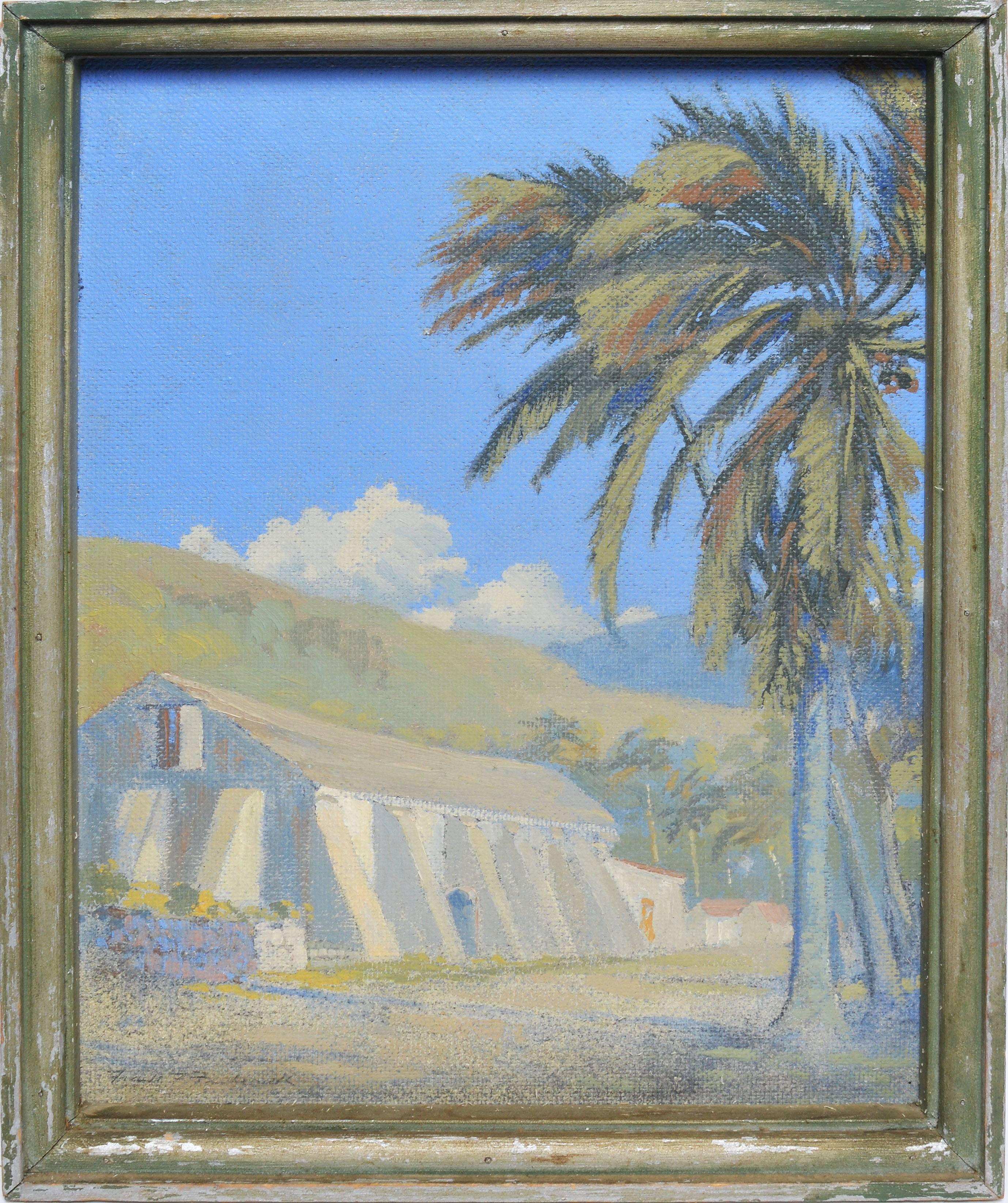 Impressionist landscape of a Sugar Warehouse in St. Thomas by Frank Frederick  (born 1866).  Oil on board, circa 1900.  Signed lower left, "Frank Frederick".  Displayed in a green wood frame.  Image size, 11.75"L x 16"H, overall 13"L x 17"H.