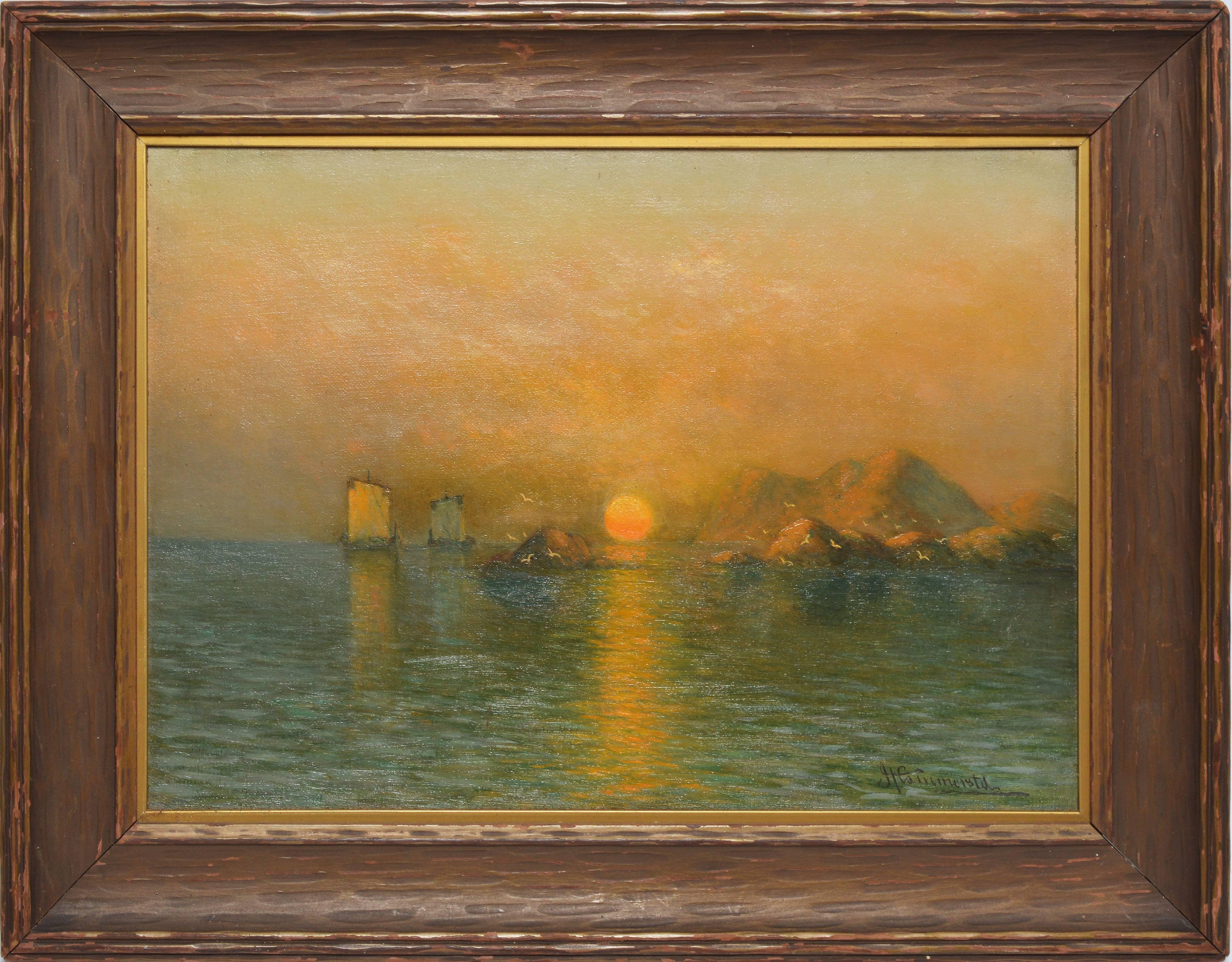 Impressionist seascape with sailboats at sunset by John Hammerstad  (1842 - 1925).  Oil on canvas, circa 1890.  Signed lower right.  Displayed in a wood frame.  Image size, 14"L x 10"H, overall 18"L x 14"H.