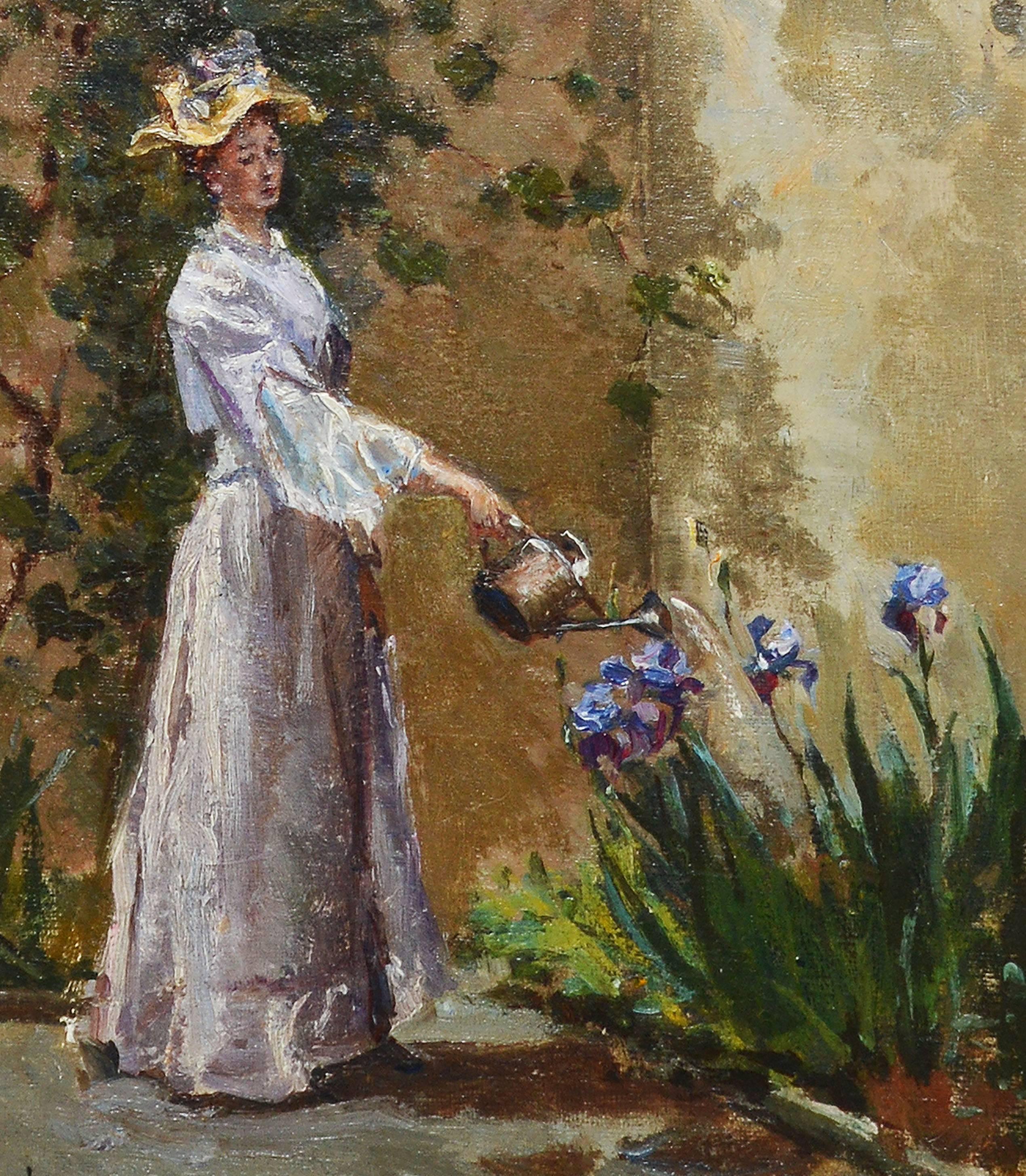 Watering the Flowers by Letitia Bonnet Hart - Brown Portrait Painting by Letitia Bonnet Hart 