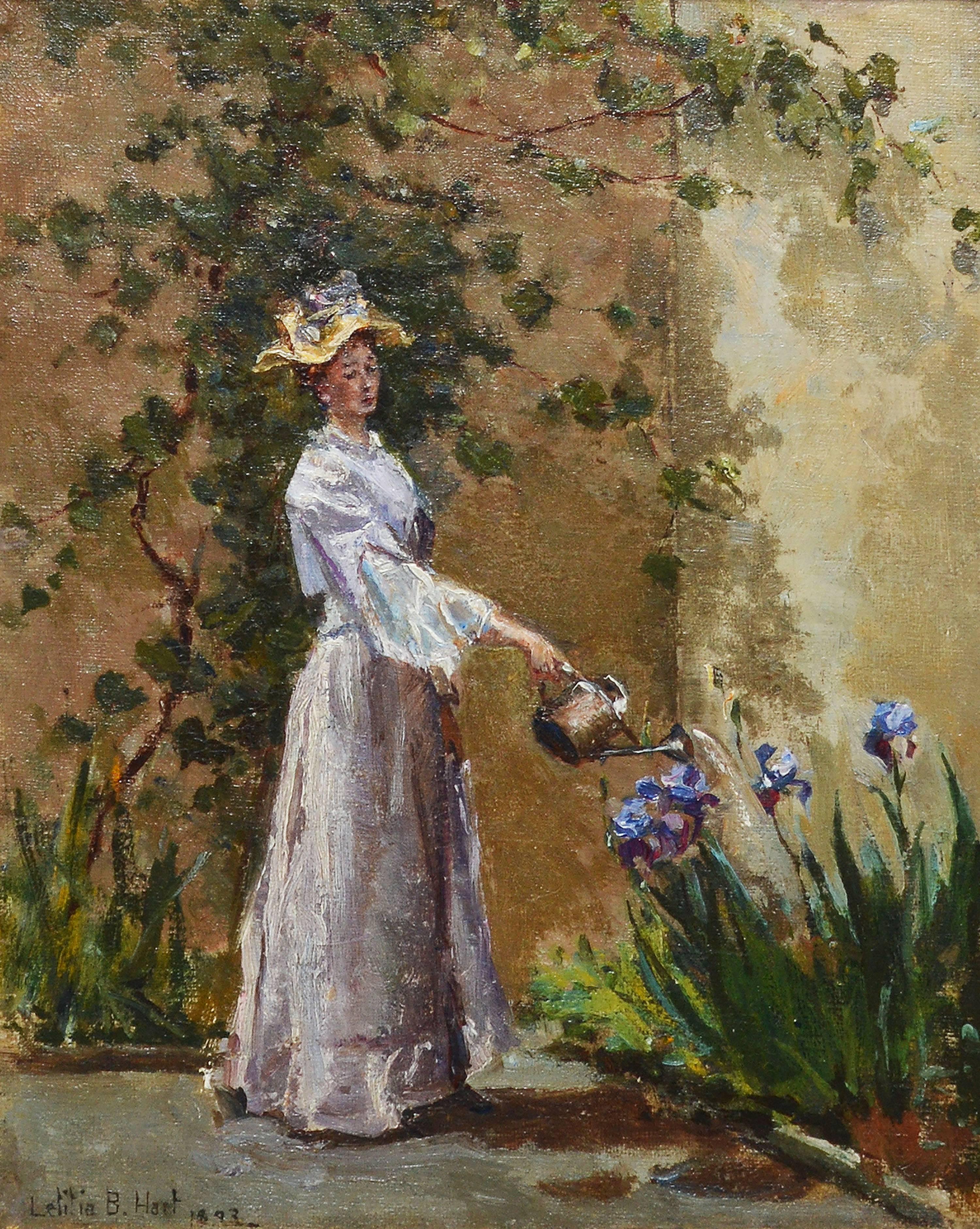 Watering the Flowers by Letitia Bonnet Hart - Impressionist Painting by Letitia Bonnet Hart 