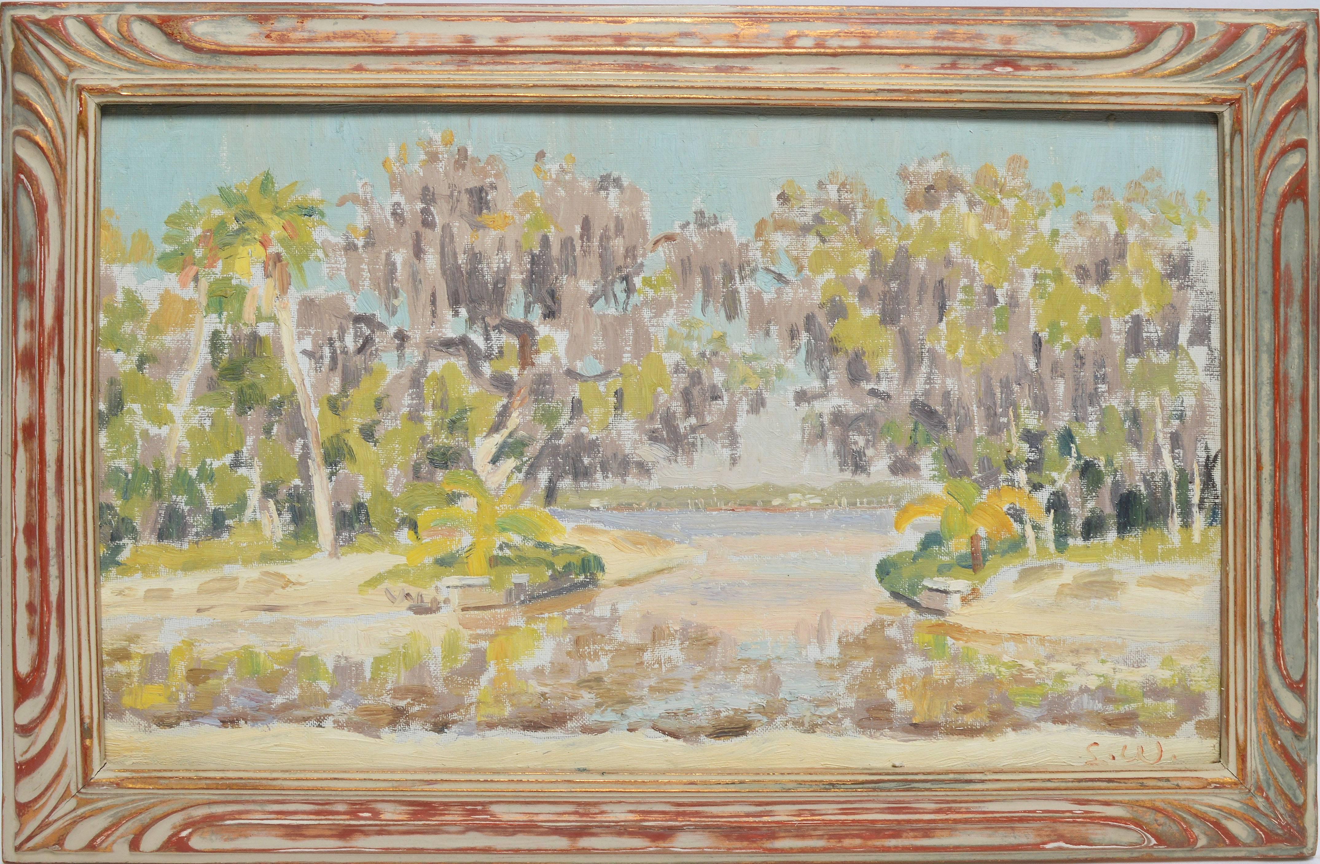 Impressionist view of a swamp by Ellsworth Woodward  (1861 - 1939).  Oil on board, circa 1920.  Signed lower right, "E.W.".  Displayed in a period impressionist frame.  Image size, 16"L x 9.5"H, overall 18.5"L x 12"H.
