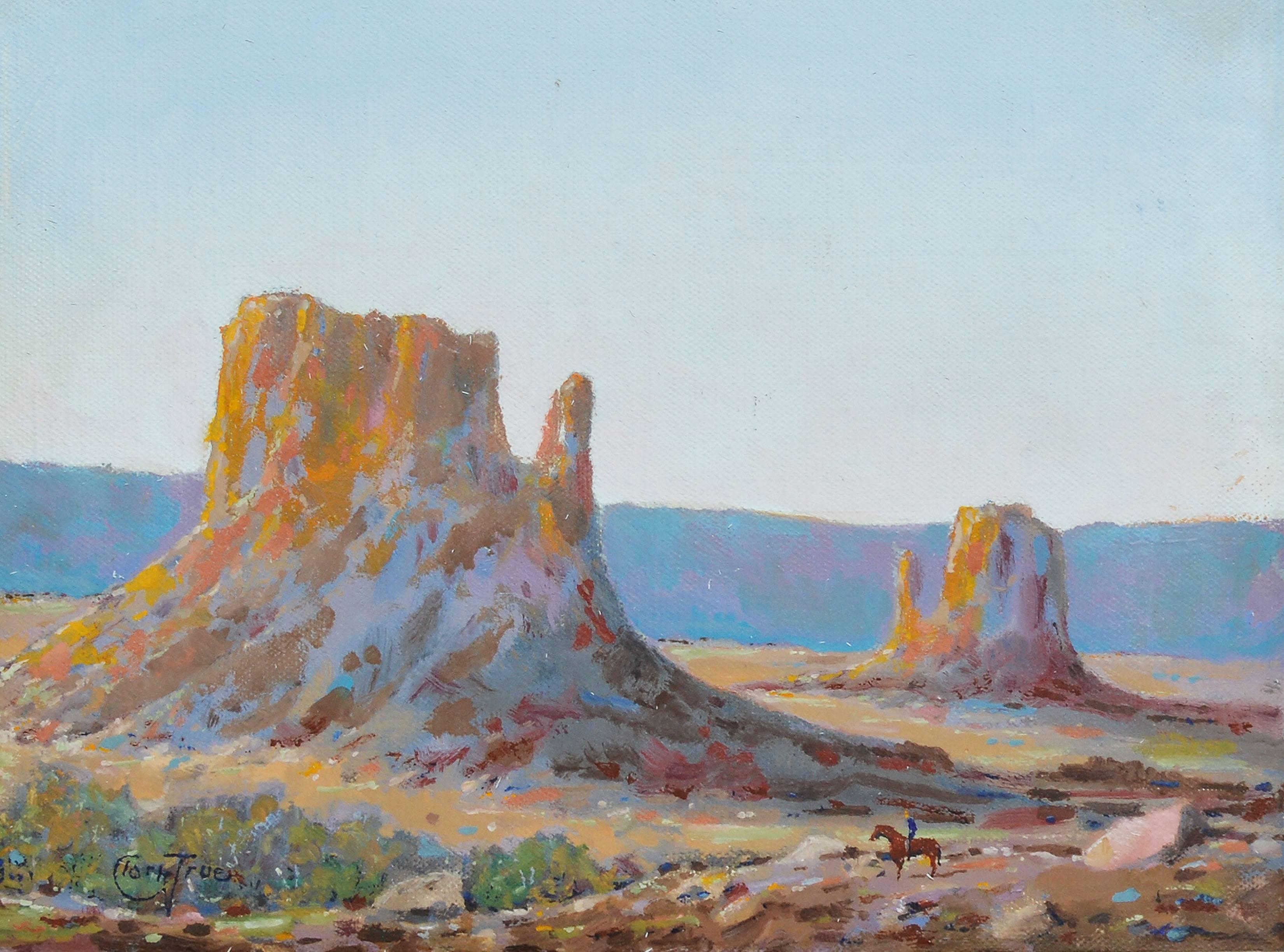 Impressionist landscape of Monument Valley, Arizona by Clark True  (1885 - 1967).  Oil on board, circa 1930.  Signed lower left.  Displayed in a period Taos School frame.  Image size, 11.5