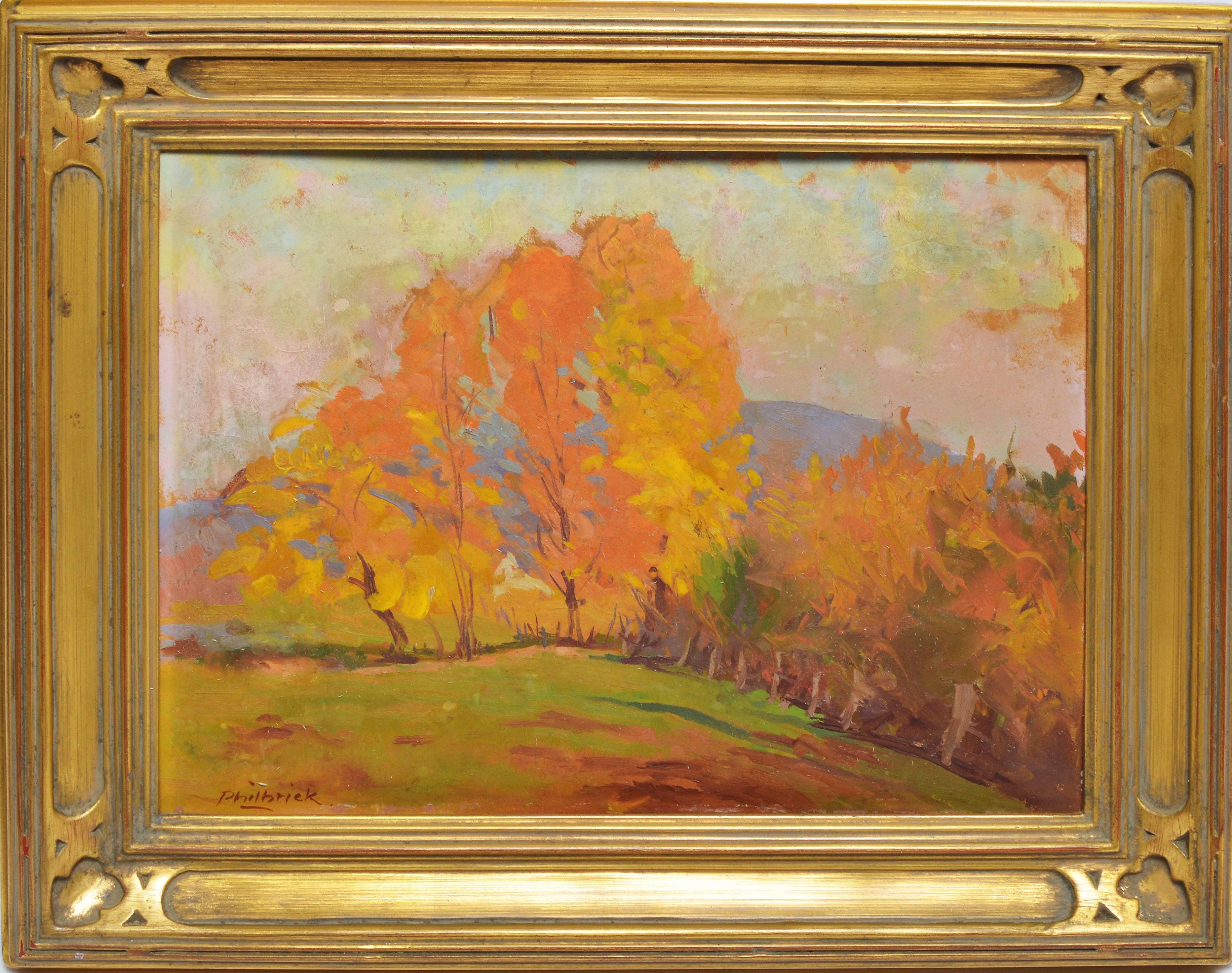 Modernist fall landscape by Otis Philbrick  (1888 - 1973).  Oil on board, circa 1930.  Signed lower left, "Philbrick". Displayed in a giltwood frame.  Image size, 12"L x 9"H, overall 16"L x 13"H.