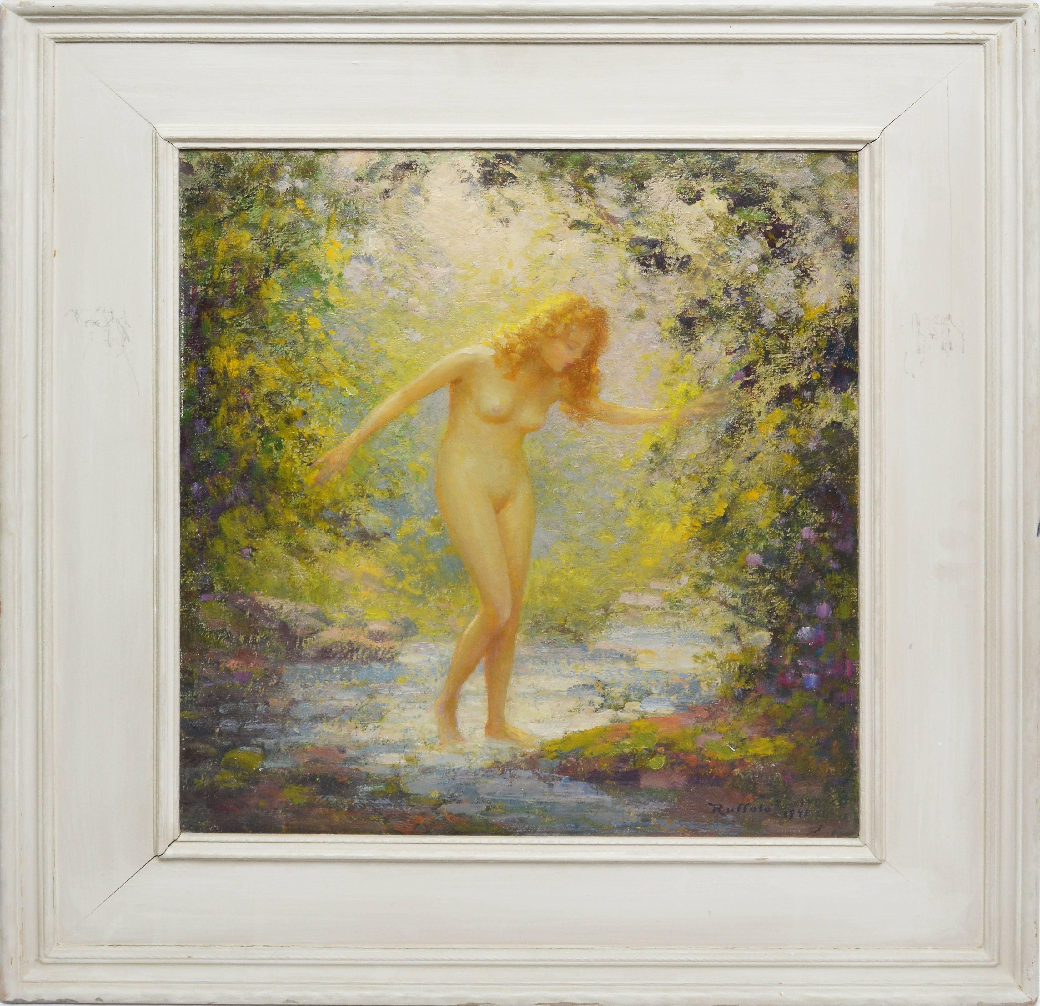 Gaspare J. Ruffolo Nude Painting - "The Cool Water", Nude Woman in the Forest by Gaspare J Ruffolo