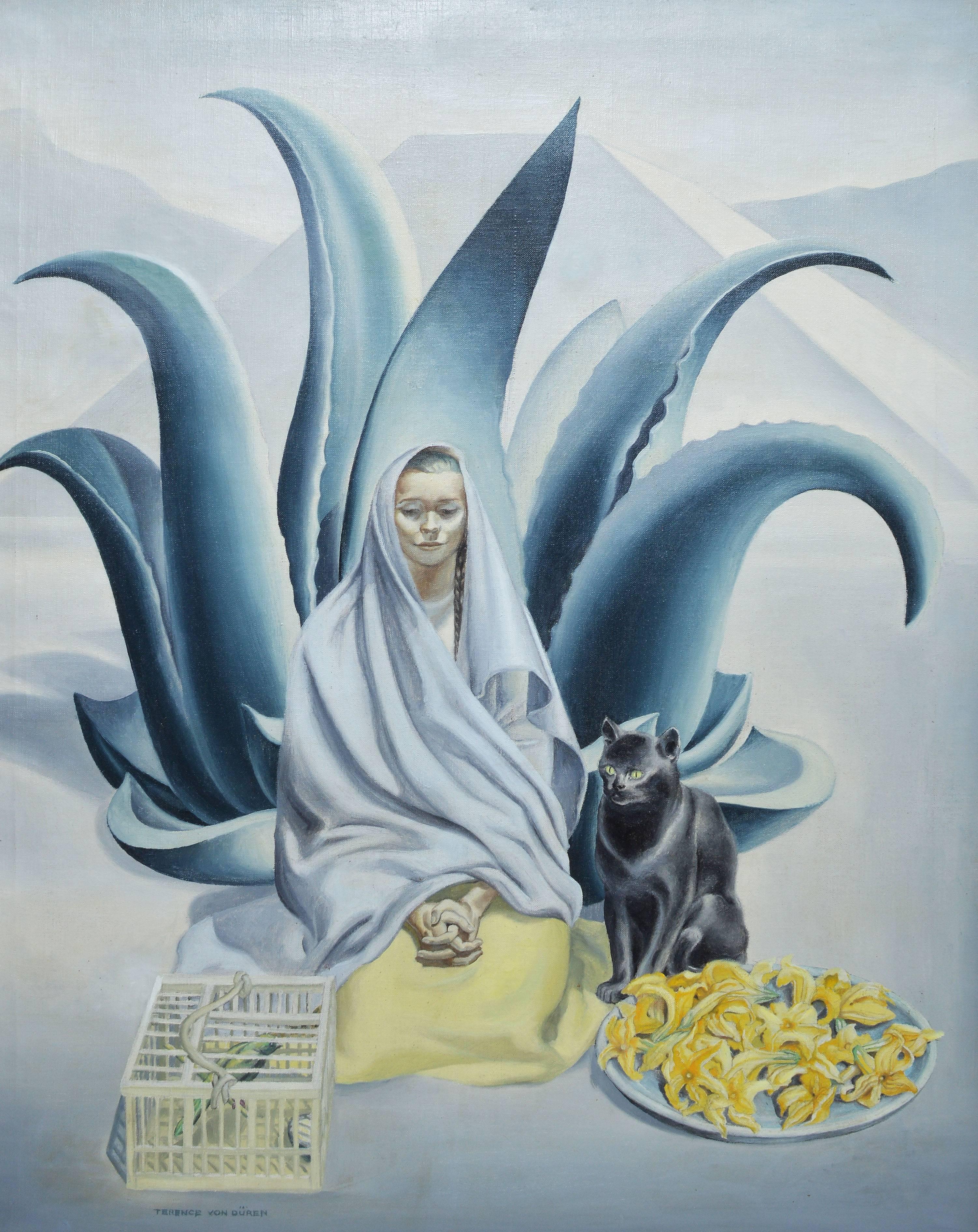 Surrealist portrait of a woman in a modernist landscape by Terence Duren  (1906 - 1968).  Oil on canvas, circa 1935.  Signed lower left.  Displayed in a period art deco frame.  Image size, 28