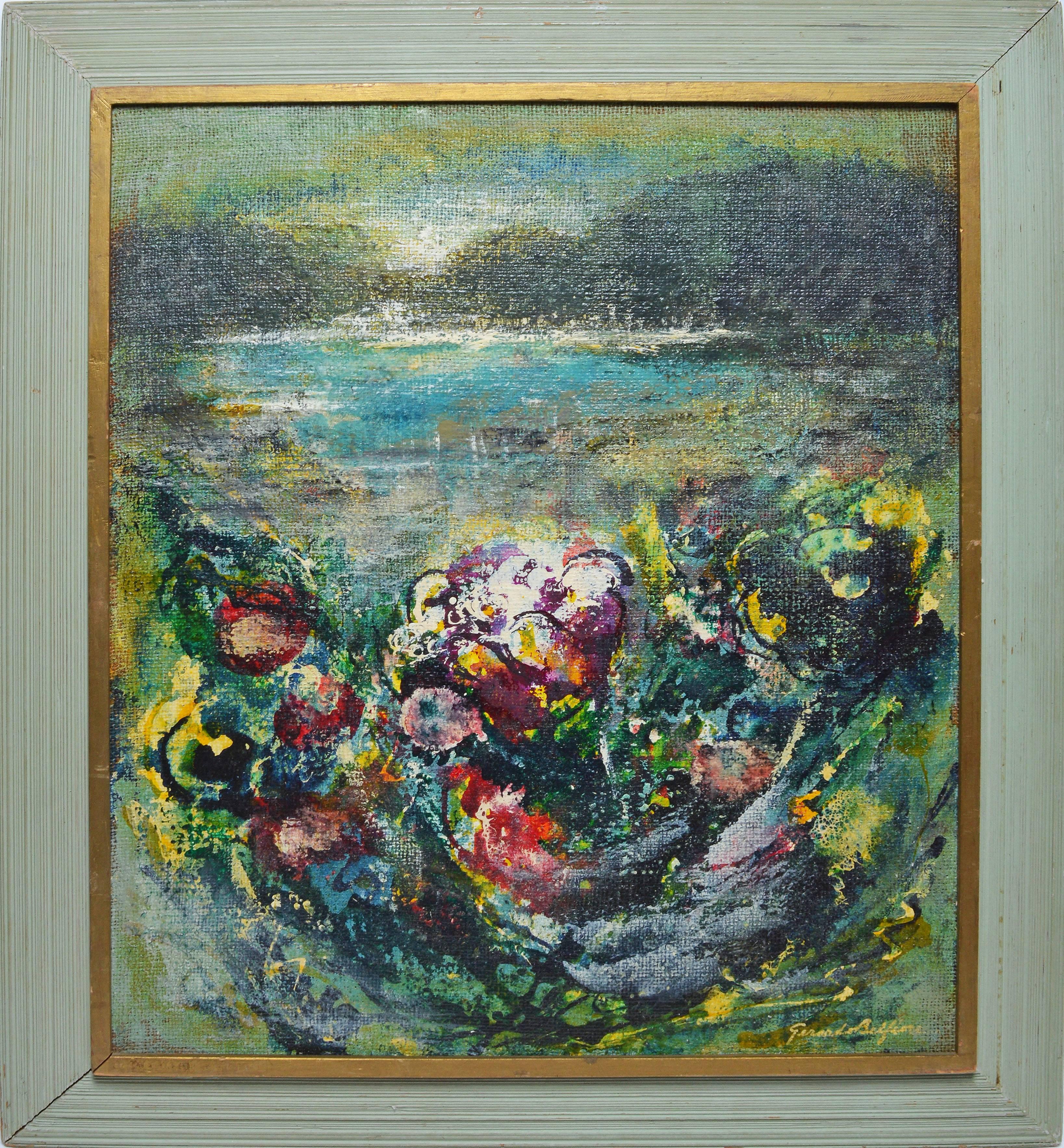 Modernist flower landscape by Geraldo Belfiore.  Oil on board, circa 1940.  Signed lower right, "Geraldo Belfiore".   Displayed in a period modernist frame.  Image size, 21"L x 25"H, overall 26"L x 30"H.