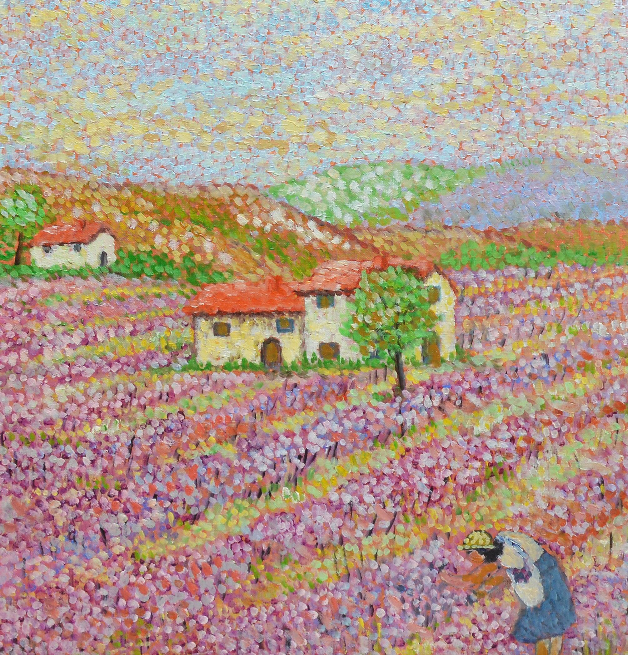 Pointillist flower landscape by Lucia Fortuny  (born 1937).  Oil on canvas, circa 1976.  Signed lower right, Fortuny.    Displayed in a giltwood frame.  Image size, 22