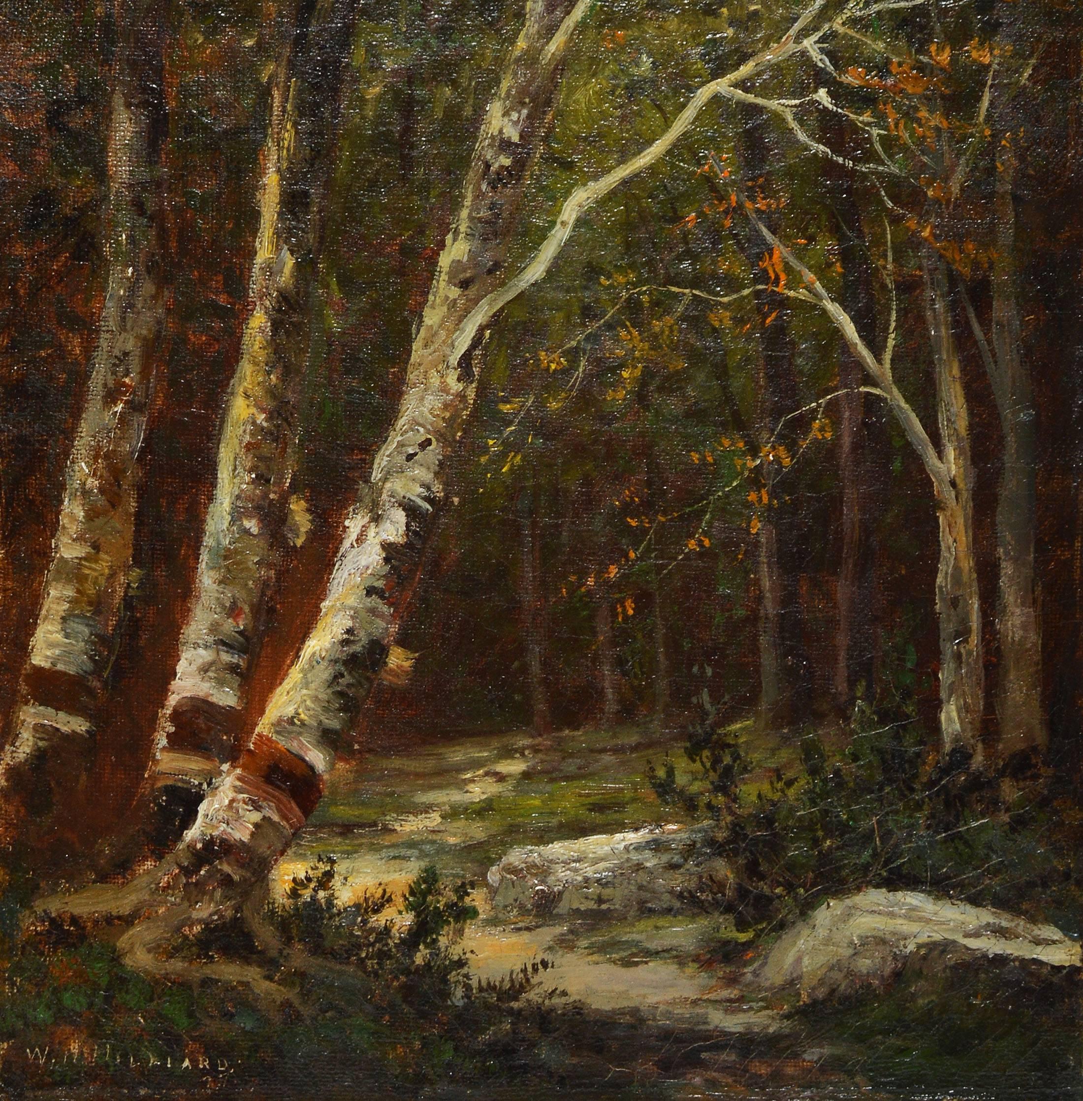 Hudson River School landscape forest interior by William Hilliard  (1836 - 1905).  Oil on canvas, circa 1875.  Signed lower right.  Displayed in a giltwood frame. Image size, 8