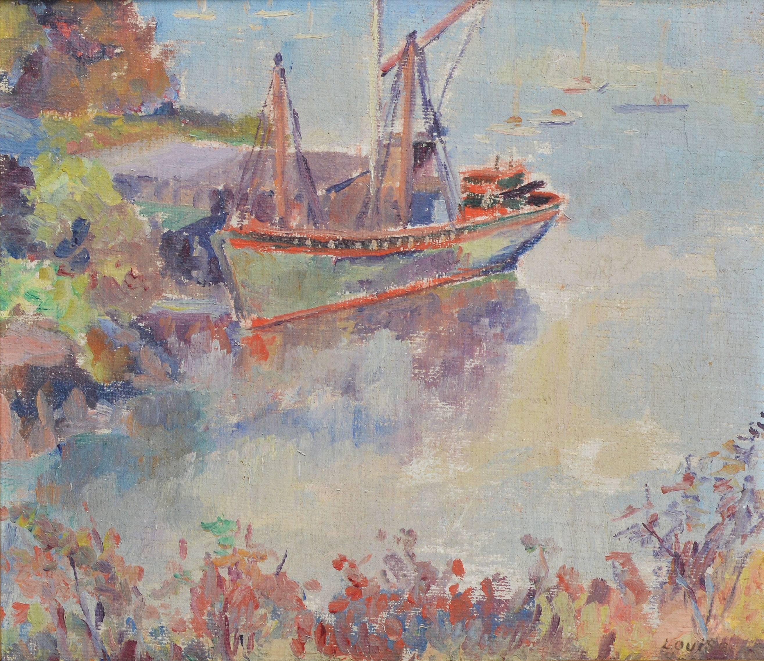 Impressionist view of Marblehead Mass by Louise Snow  (1890 - 1982).  Oil on board, circa 1920.  Signed lower right.  Displayed in a giltwood frame.  Image size, 6.5