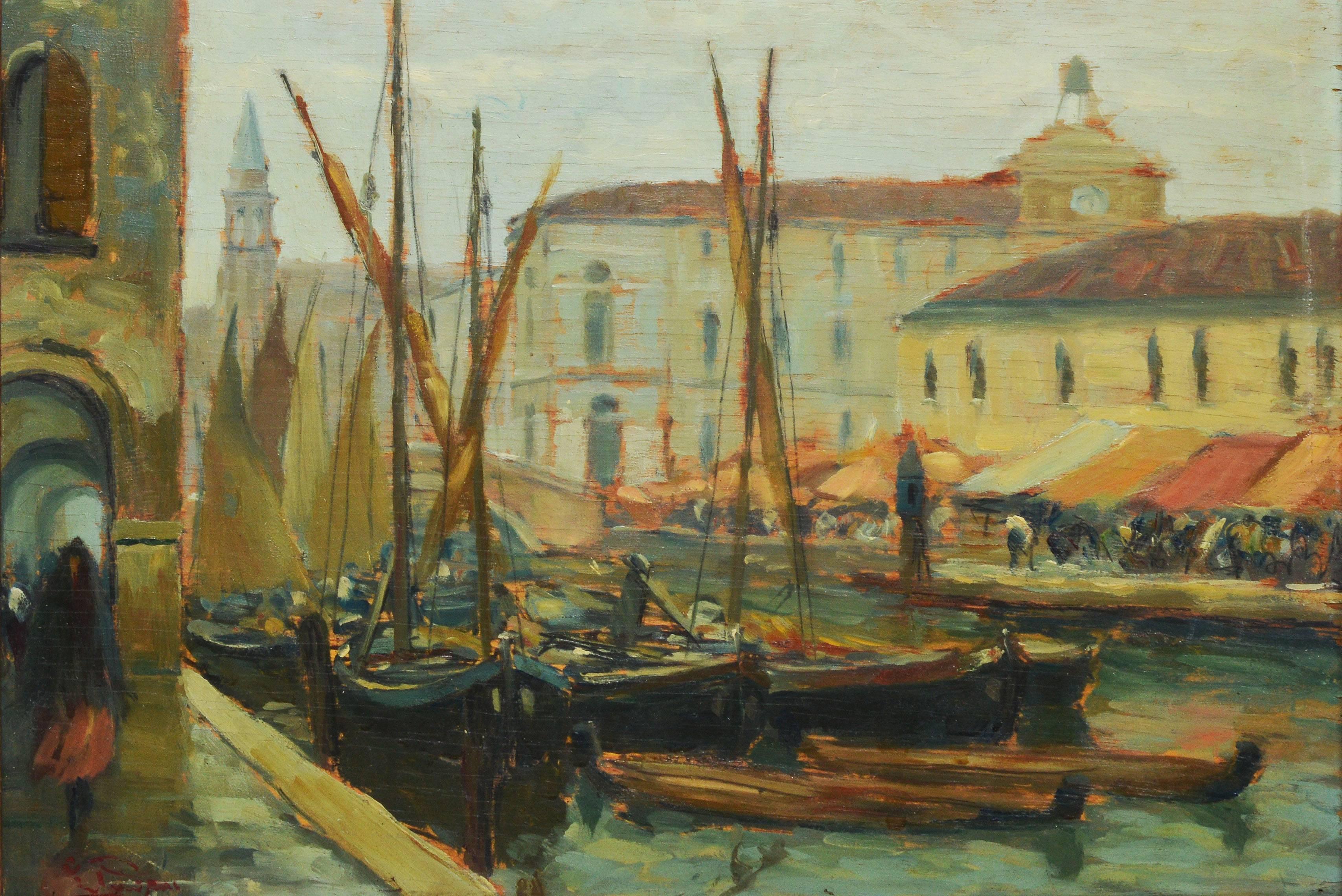 Impressionist view of Venice by Luigi Pagan  (1907 - 1980).  Oil on board, circa 1930.  Signed lower left.  Displayed in a giltwood frame.  Image size, 20