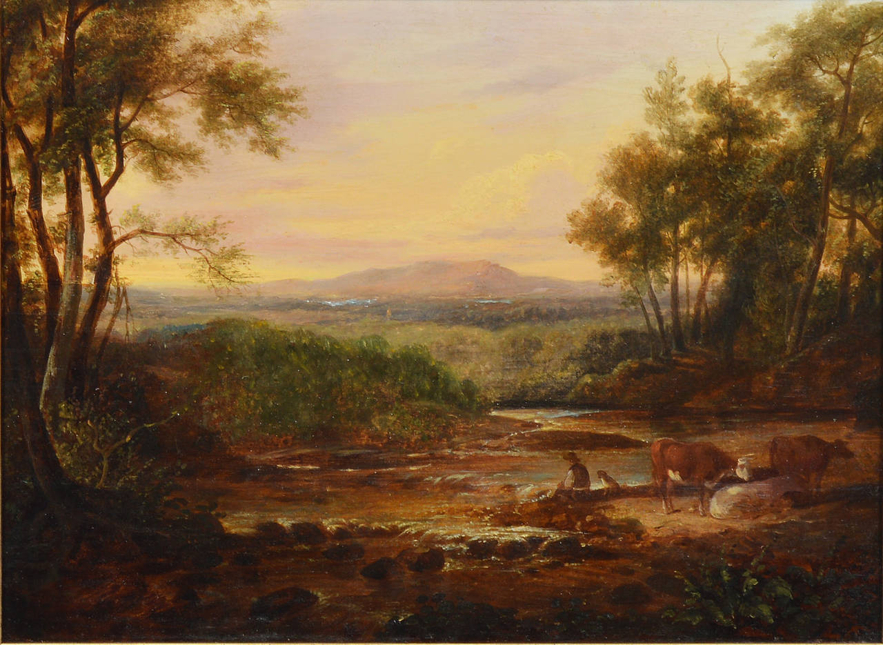 A fine and early example from the Hudson River School.  Oil on panel circa 1850 housed in the period golt gilt cove frame.  Excellent original condition.  Measuring 12 by 16 inches painting alone.