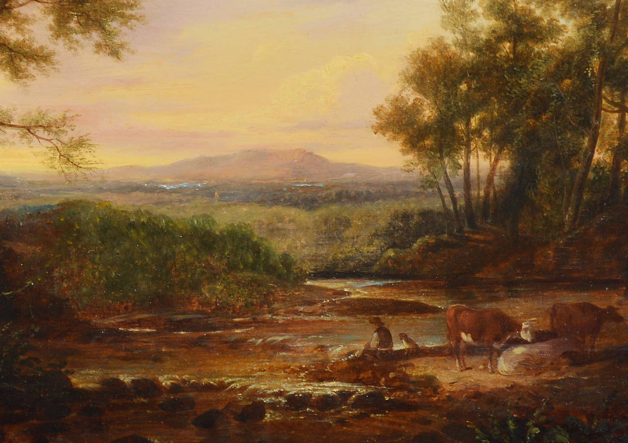 Hudson River School Sunset Landscape circa 1850 - Black Landscape Painting by Unknown