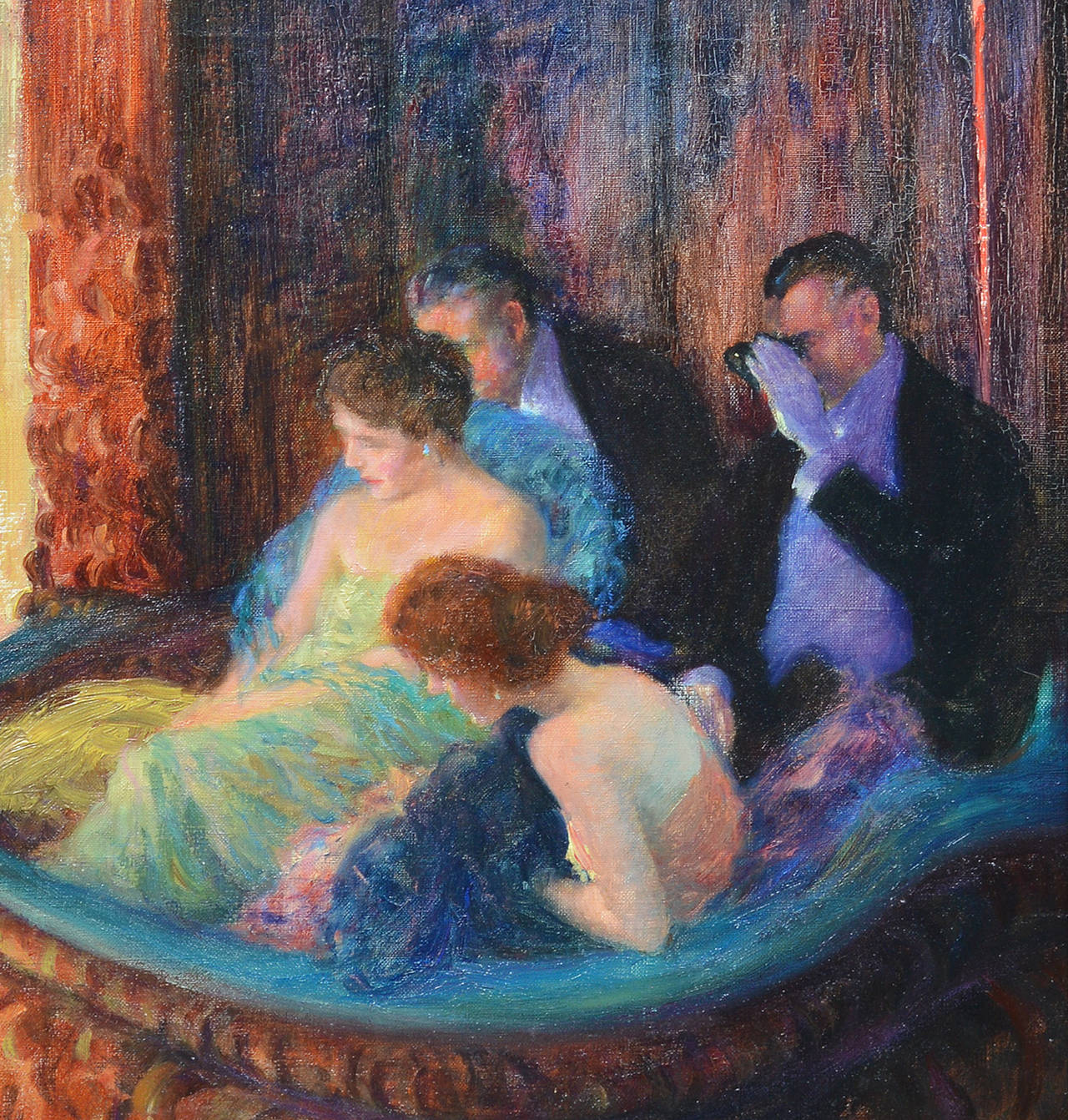  Antique Ashcan school painting of an opera.  Oil on canvas, circa 1920.  Signed in monogram lower right.  A few light spot touch ups.  Housed in a period modernist frame.  Measuring 15 by 18 inches.
