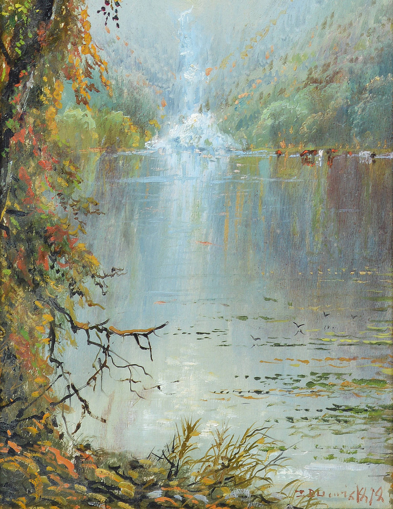 Spring on the Hudson River - Black Landscape Painting by Edmund Darch Lewis