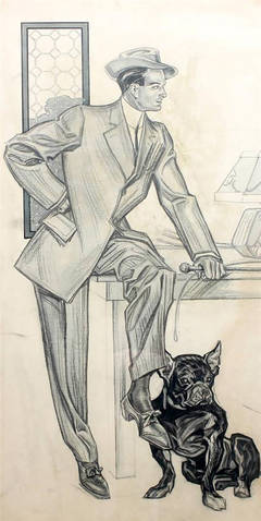 Vintage Ad Man and Bulldog in Office