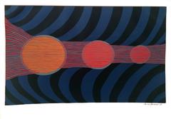 Mid-Century Modern Woodblock Print "Three Suns"