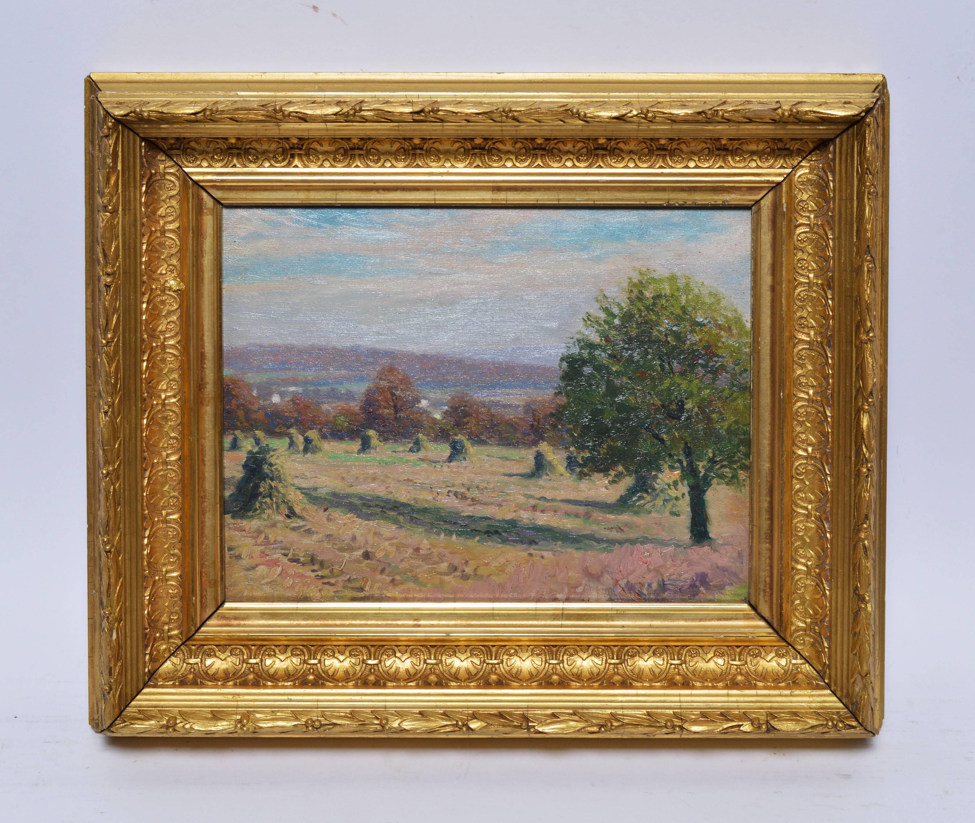 Fall view of the Finger Lakes NY with Haystacks - Painting by Alexis Jean Fournier