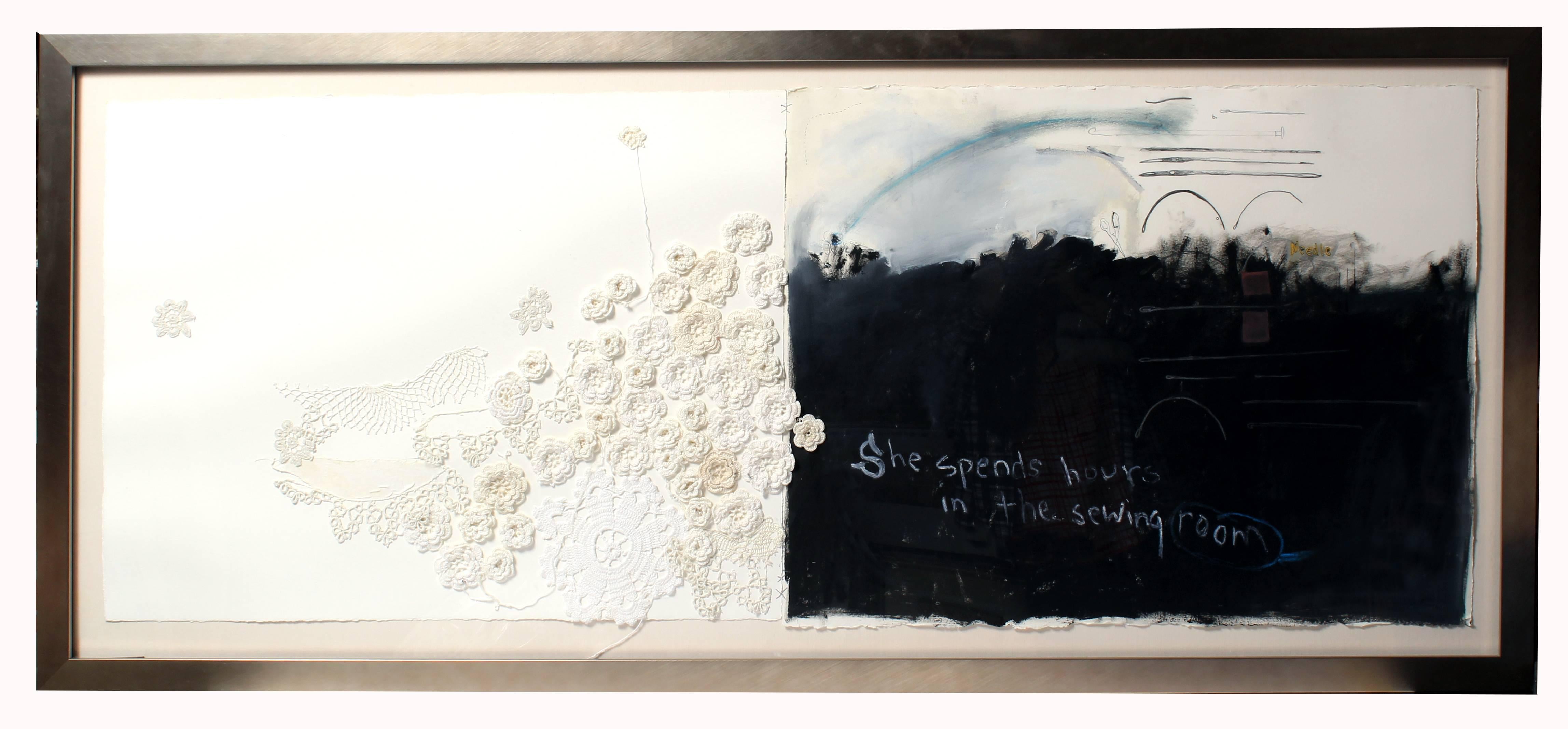 Mixed media black and white abstract expressionist painting lace text feminist - Painting by Dorothy Fitzgerald