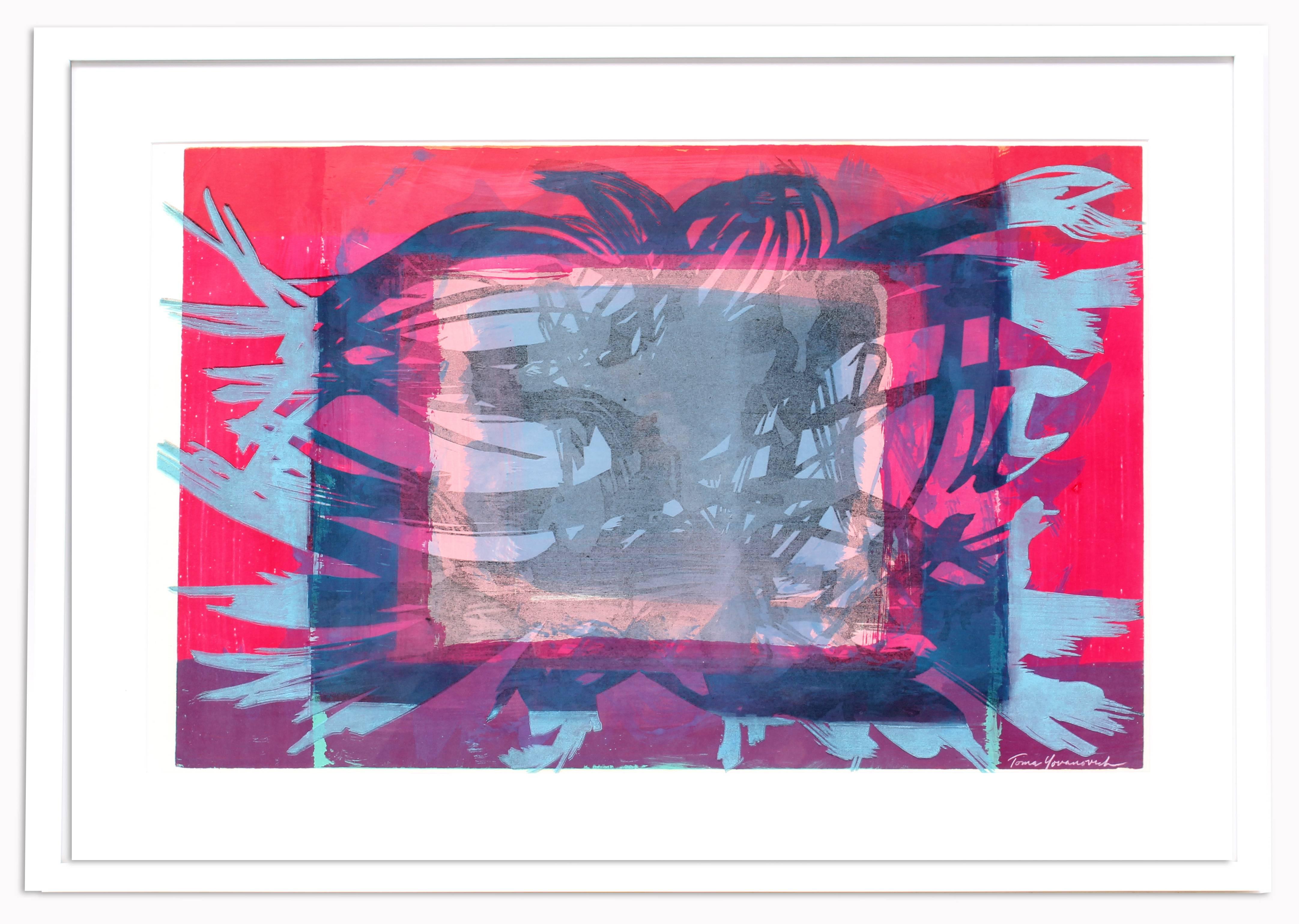 Mid Century Modern Abstract Monotype Print - Pink Abstract Print by Toma Yovanovich