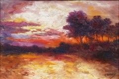 Antique Blazing Sunset Landscape Framed Impressionist Signed Rare Oil Painting