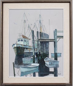 Vintage American Modernist Harbor Scene Cape Cod Framed Oil Painting