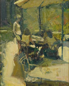 Greg Carter Signed Vintage American Modernist Framed Porch Scene Oil Painting