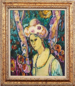 Vintage American Modernist Large Framed Woman Fauvist Portrait Oil Painting