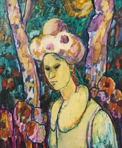 Cuadro al óleo vintage de estilo modernista estadounidense, de gran tamaño y enmarcado, que representa un retrato fauvista de una mujer