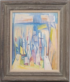 American Modernist Street Scene Abstract Cubist Framed Cityscape Oil Painting