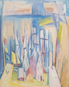 American Modernist Street Scene Abstract Cubist Framed Cityscape Oil Painting