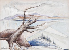 Edith Adams „Frozen River 1951“ – Vintage-Ölgemälde im Stil der amerikanischen Moderne, Landschaft, Kubismus
