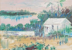 Tableau à l'huile encadré, signé, de style moderniste américain vintage, représentant des palmiers sur la côte des Bahamas