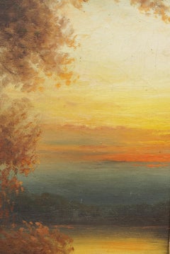 Tableau panoramique ancien américain de l'école de l'Hudson, représentant un coucher de soleil flamboyant, sous cadre