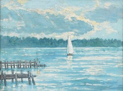 Vintage Impressionist Coastal Lake Seascape Sunburst SkyOil Painting