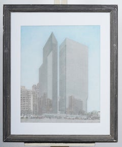 Illustration architecturale détaillée de la place du World Trade Center, 1968