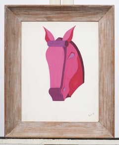 Reproduction d'art vintage représentant un poney rose vif, signée et encadrée