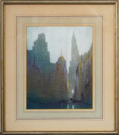 Manhattan, New York: Paesaggio notturno urbano – Pastello originale incorniciato