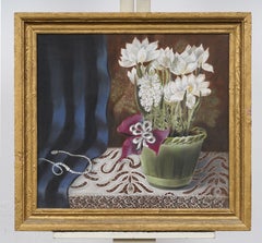 Vintage Signed MCM White Flowers and Pearl Necklace Pastel Painting
