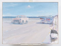 "Braccio di Ferro e Bluto all'Avana" - Dipinto a olio vintage raffigurante un paesaggio urbano con auto d'epoca cubane