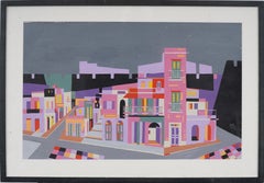 Opera d'arte vintage, originale e firmata, incorniciata, raffigurante le strade colorate della città di Old San Juan