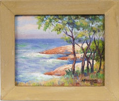 Cuadro al óleo enmarcado de Abraham Rosenthal, con una escena impresionista de playa y firmado