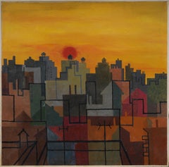 Signed Monumental American Geometric Abstract Cityscape Large Oil Painting