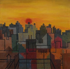 Signed Monumental American Geometric Abstract Cityscape Large Oil Painting