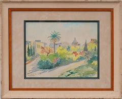 Signed Mediterranean City Skyline with Palm Trees Framed Watercolor