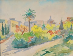 Signed Mediterranean City Skyline with Palm Trees Framed Watercolor