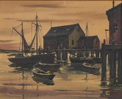 John Hare: „Maritime Sunset Harbor“ – gerahmtes Aquarell-Meeresbild, Originalgemälde
