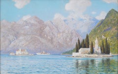Johann Seits: Costa croata, yate Vanderbilt, Dubrovnik. Pintura de un paisaje marino