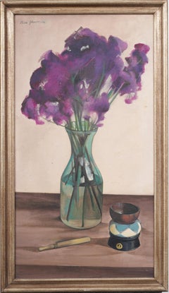 Oliver Johnson Signed Modernist Flower Still Life Framed Interior Oil Painting