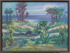 Signed American Modernist Tropical Beach Scene Framed Panoramic Oil Painting